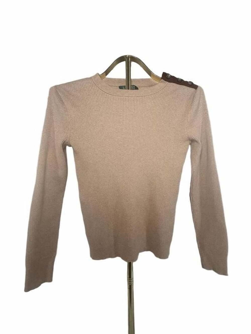 Lauren Ralph Lauren Petite Ribbed Cotton Sweater Beige Suede Button Shoulder Elb